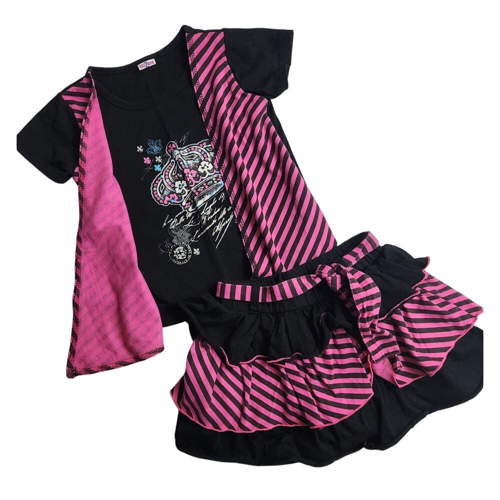 Kid Zone Girls 4/4T Pink Black Stripe Crown Skort Set Y2K Punk Rocker Outfit